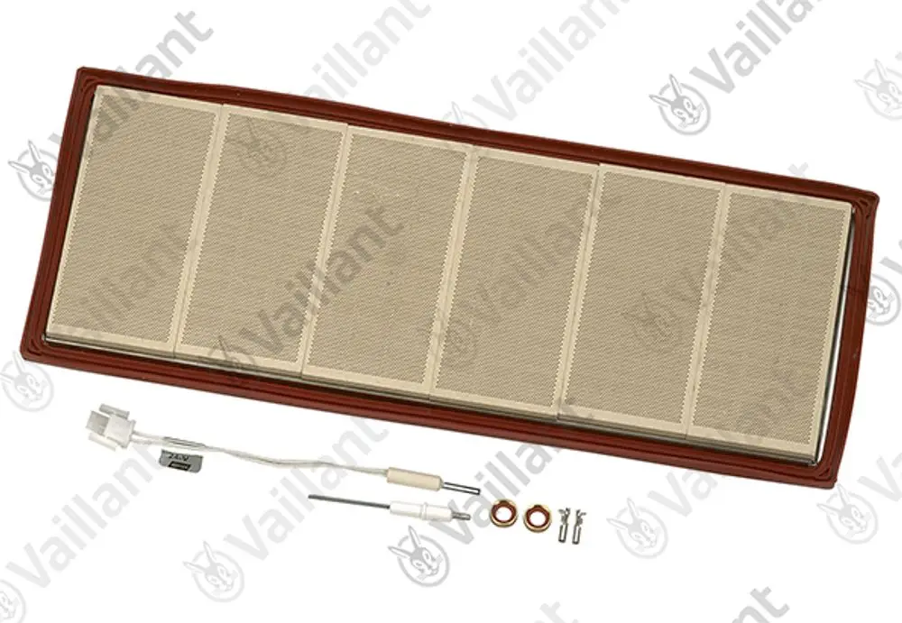 Service-Kit von Vaillant, bestehend aus einem Brennereinsatz mit mehreren feinen Gitteroberflächen, einer Kabelverbindung sowie zwei Dichtungen und Befestigungselementen.